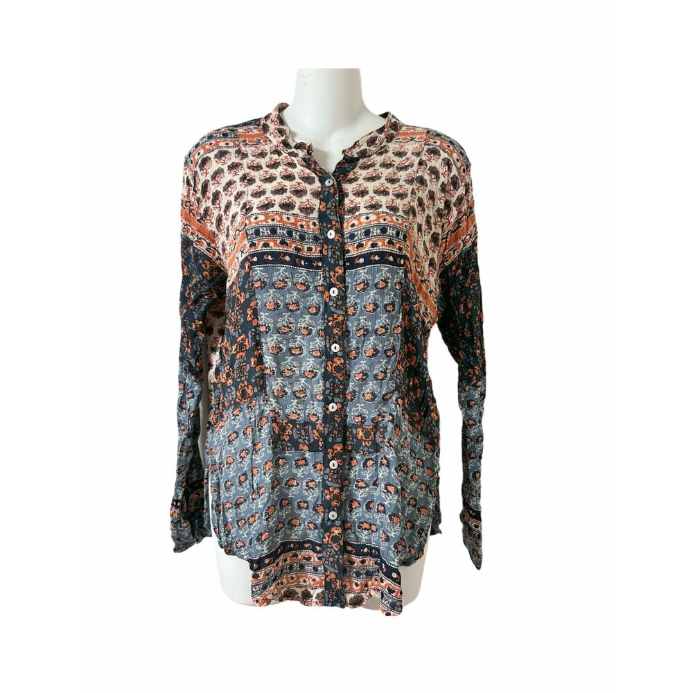 Free People Women’s Small Boho Button Down Top Mandarin Collar Floral 100% Rayon